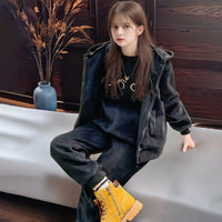 Girls Black Typographic Printed Sweatshirt With Sleeveless Hooded Jacket & Jogger Sets 4 pc. Sets