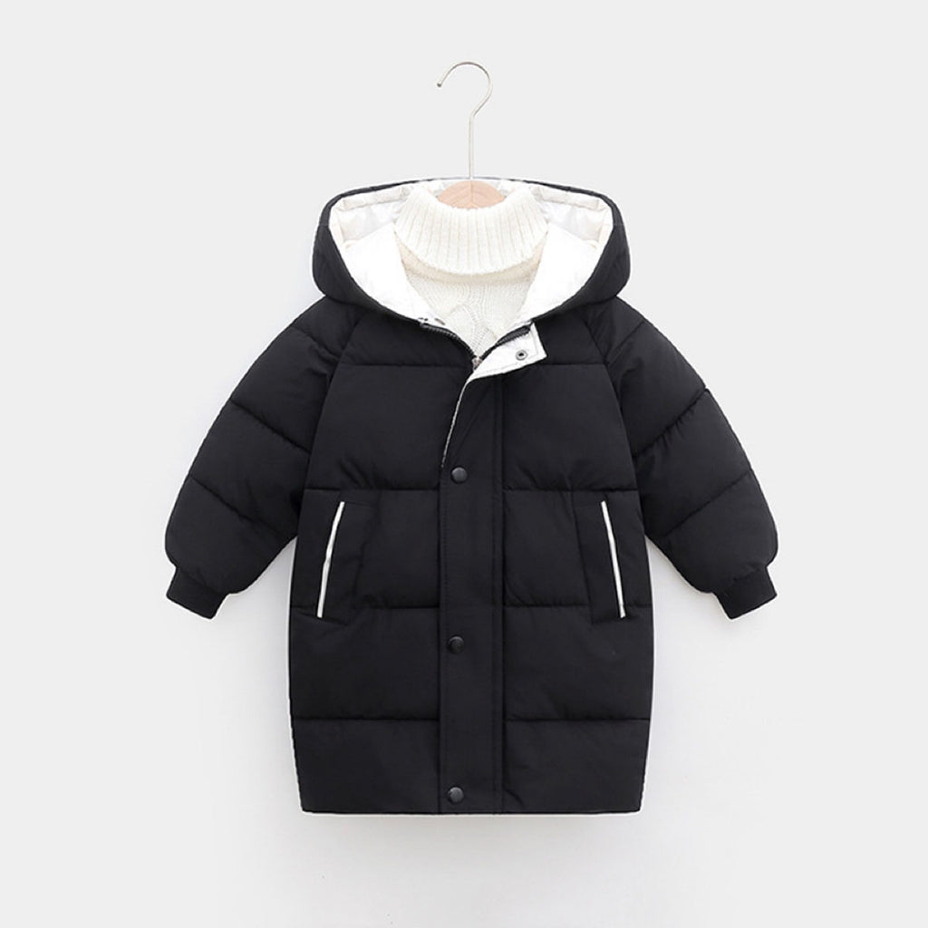 Boys Black Solid Puffer Hooded Down Jacket Coats & Jackets