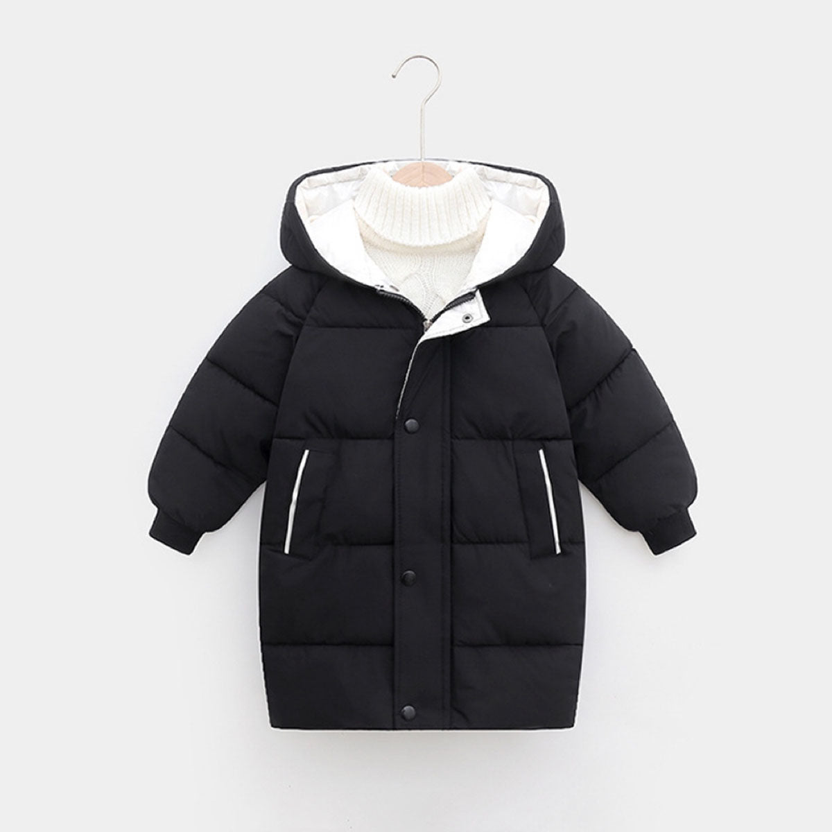 Boys Black Solid Puffer Hooded Down Jacket Coats & Jackets