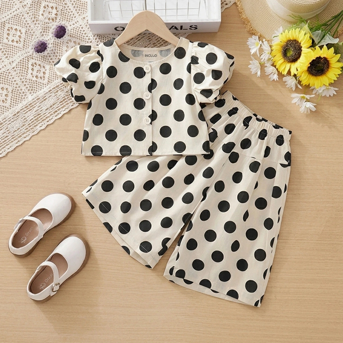 Girls Apricot Polka Dot Printed Puff Sleeve Top With Elasticated Pants Sets Sets Apricot 2-3 Y