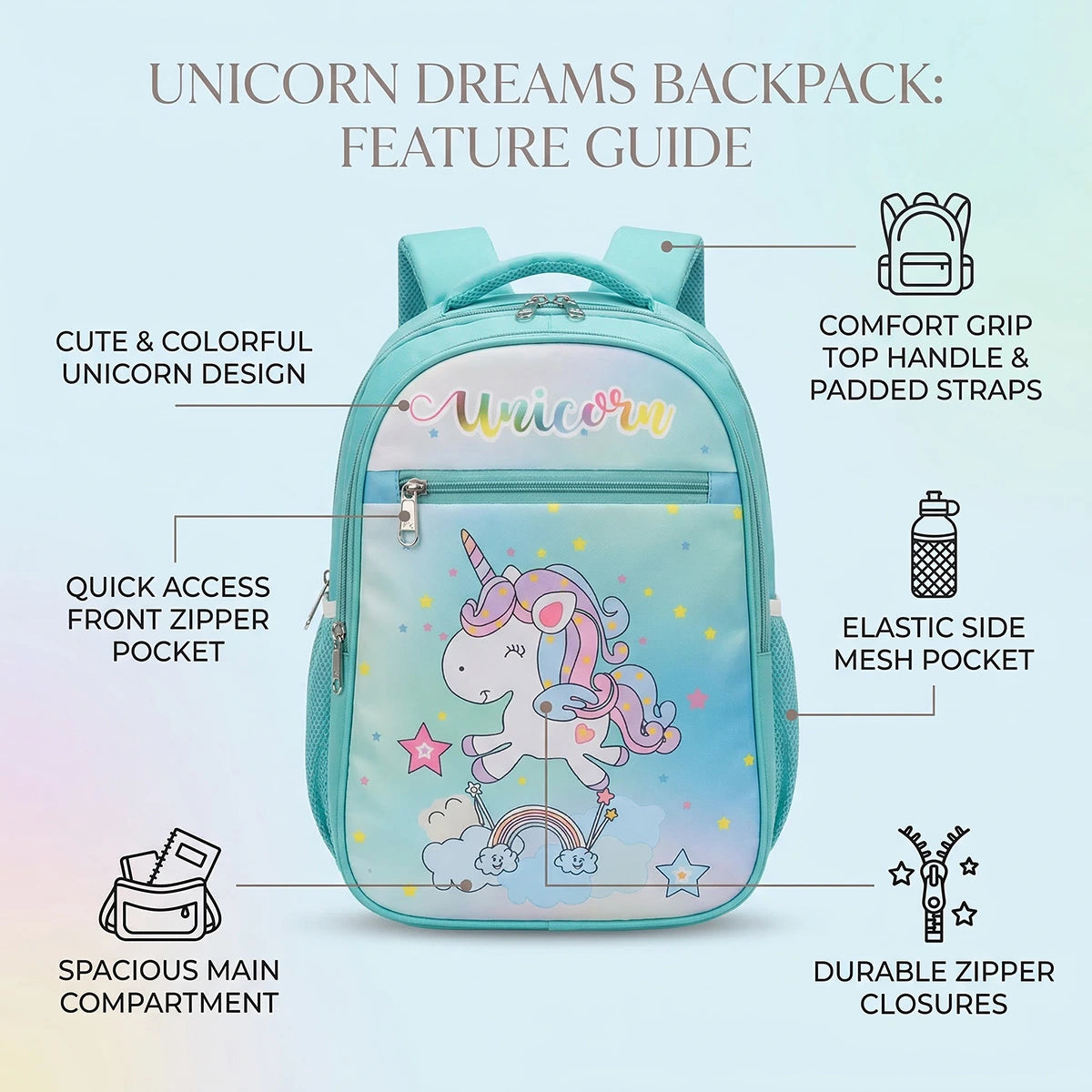 Girls Sea Green Unicorn Print School Backpack Trending Accessories