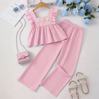 Girls Pink Stripes Sleeveless Peplum Top With Pants Set Sets Pink 7-8 Y
