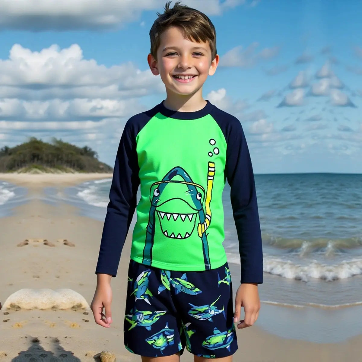 Boys Green Shark Printed Long Sleeves T-Shirt & Shorts Swimsuit Sets Sets