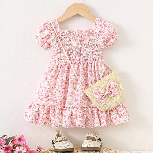 Girls Pink Floral Printed Square Neck Fit & Flare Dress Casual Dresses