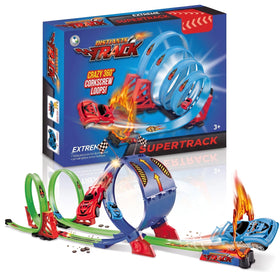 Unisex multicolor racing track toy set with 360 corkscrew loops and miniature cars.