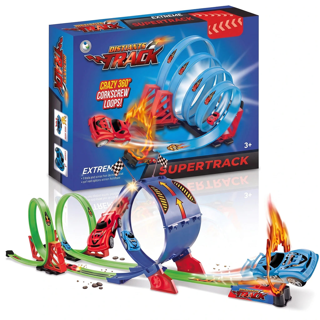 Unisex multicolor racing track toy set with 360 corkscrew loops and miniature cars.