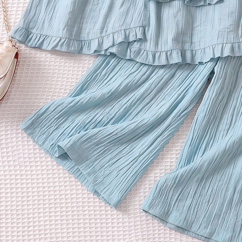 Girls Light Blue Sleeveless Top With Elasticated Pants Sets 2 pc. Sets