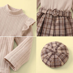 Girls Light Brown Sweater With Checked Skirt & Hat Sets Sets