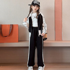 Girls Black Heart Printed Hooded Zipper Jacket With Pants set Sets
