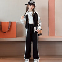 Girls Black Heart Printed Hooded Zipper Jacket With Pants set Sets