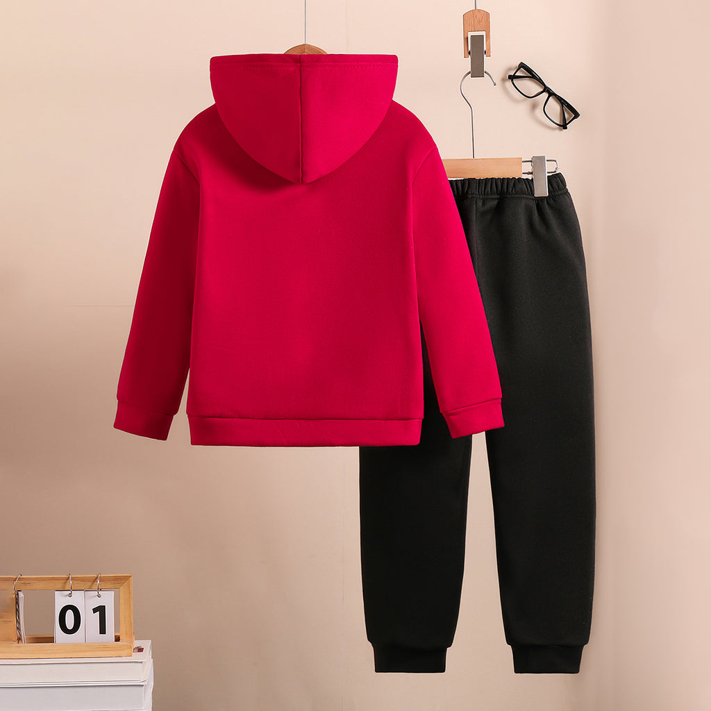 Boys Red Printed Hooded Sweatshirt with Joggers Set Sets