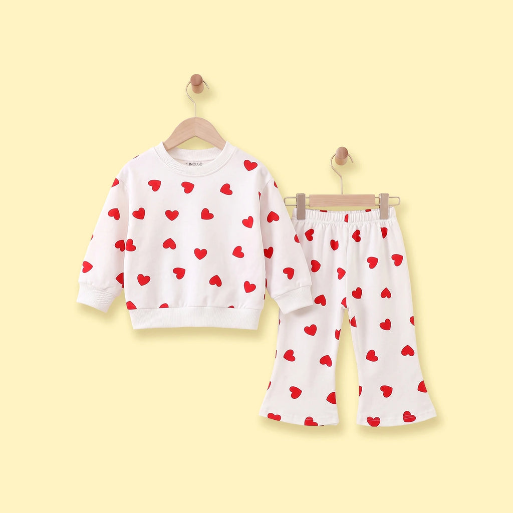 Girls White Heart Printed Sweatshirt & Pants Co-ord Sets Sets White 1-2 Y