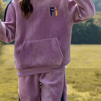 Girls Purple Fi Letters Printed Sweatshirt With Hooded Vest & Jogger Co-ord Sets Sets
