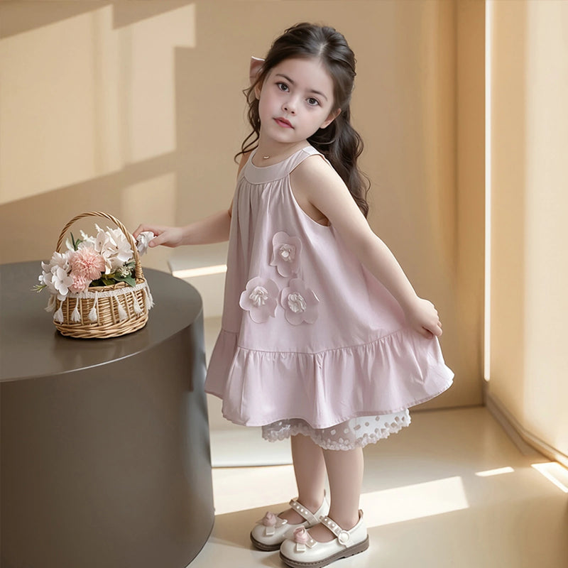 Girls Pink Flowers Applique Sleeveless Summer A-line Dress Casual Dresses