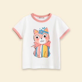 Girls White Cat Graphic Short Sleeve T-Shirt Tshirts