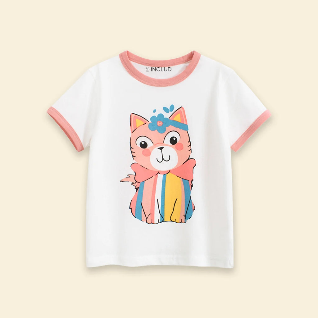 Girls White Cat Graphic Short Sleeve T-Shirt Tshirts