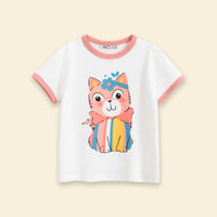 Girls White Cat Graphic Short Sleeve T-Shirt Tshirts