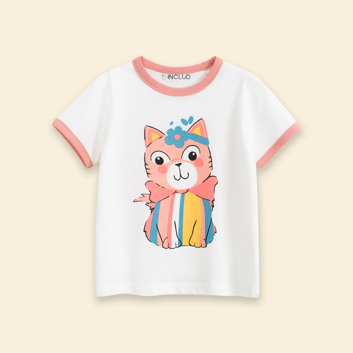 Girls White Cat Graphic Short Sleeve T-Shirt Tshirts