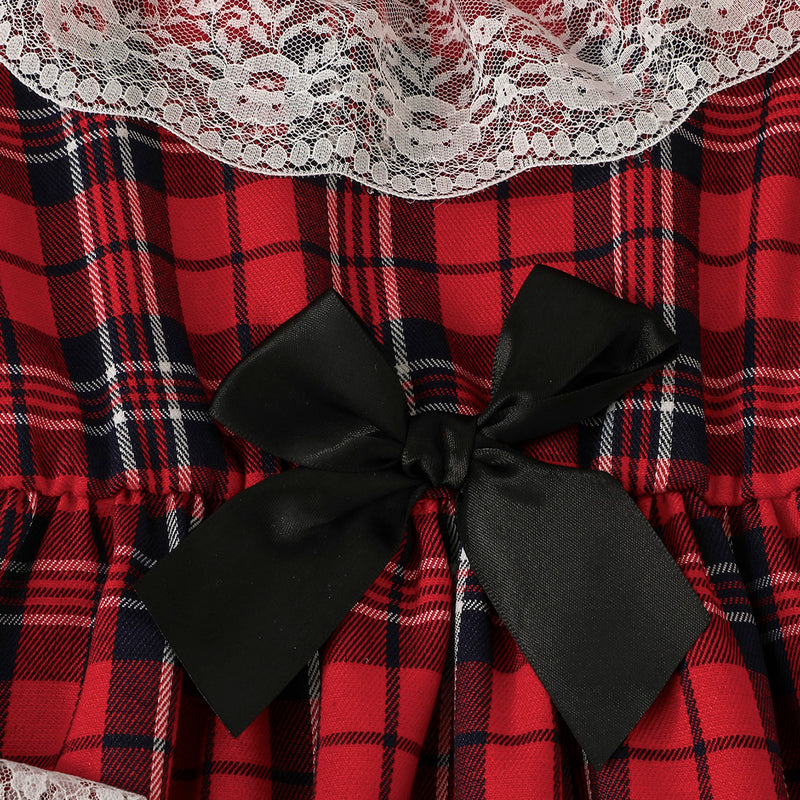 Girls Red Long Sleeve Checked Fit & Flare Winter Casual Dresses Casual Dresses