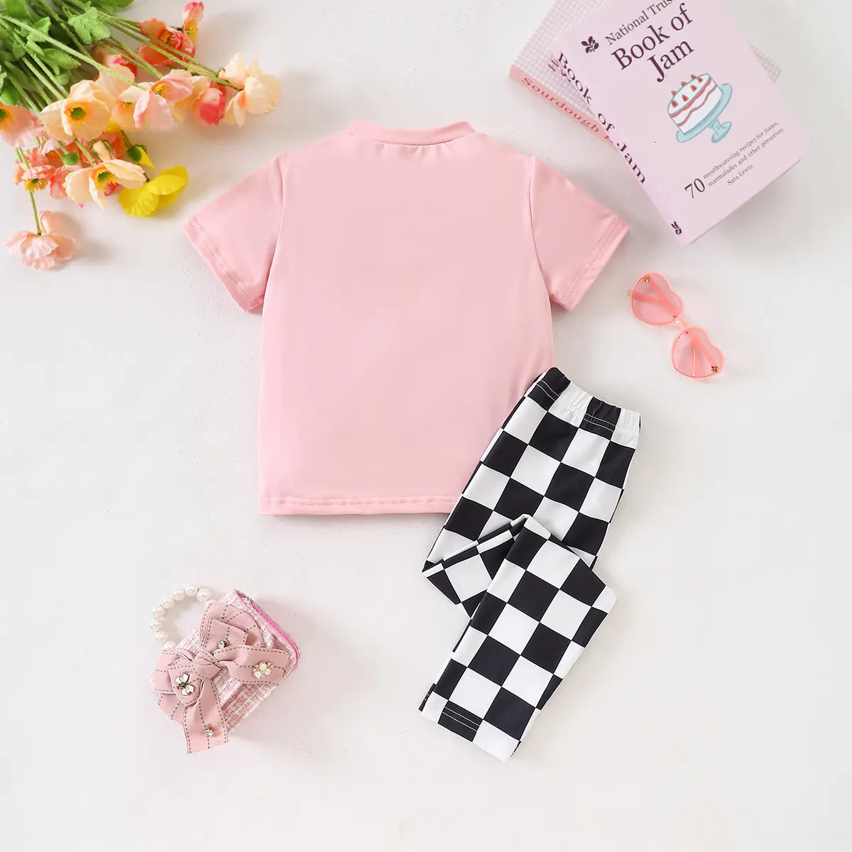 Girls Pink Short Sleeve Bow Print T-Shirt With Checked Pants Sets 2 pc. Sets