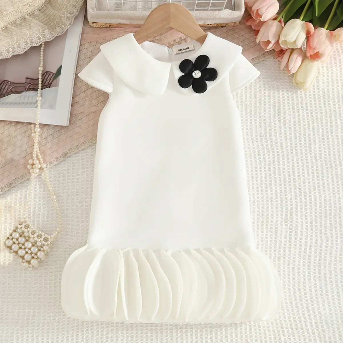 Girls White Cap Sleeves A-line Dress With Ruffled Hem Party Dresses White 2-3 Y