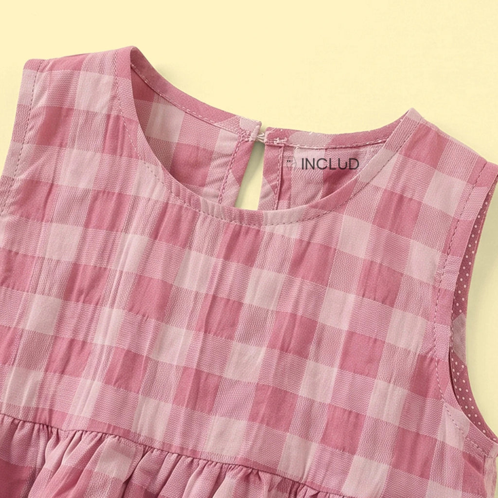 Girls Pink Checked Sleeveless Layered Top With Pants Sets 2 pc. Sets