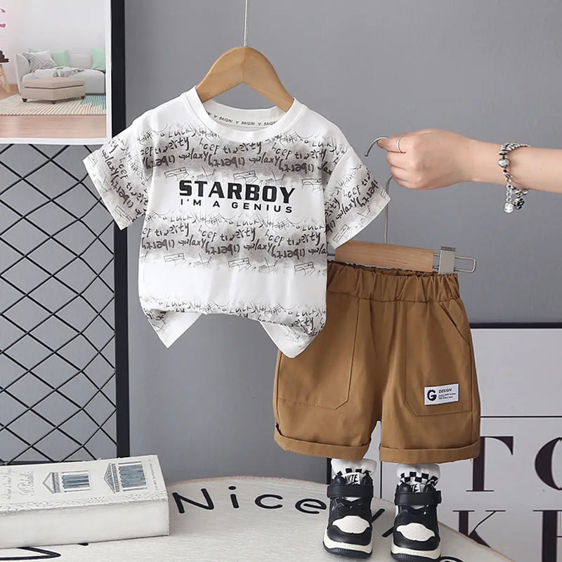 Boys Grey Short Sleeve Typographic Printed T-shirt With Elasticated Shorts Sets Sets Grey 1-2 Y