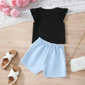 Girls Typographic Printed Top With Sky Blue Shorts Set Sets