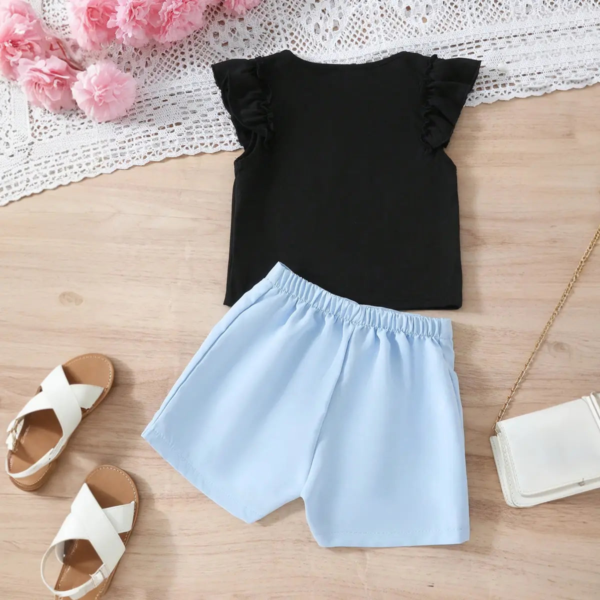 Girls Typographic Printed Top With Sky Blue Shorts Set Sets