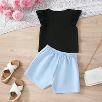Girls Typographic Printed Top With Sky Blue Shorts Set Sets