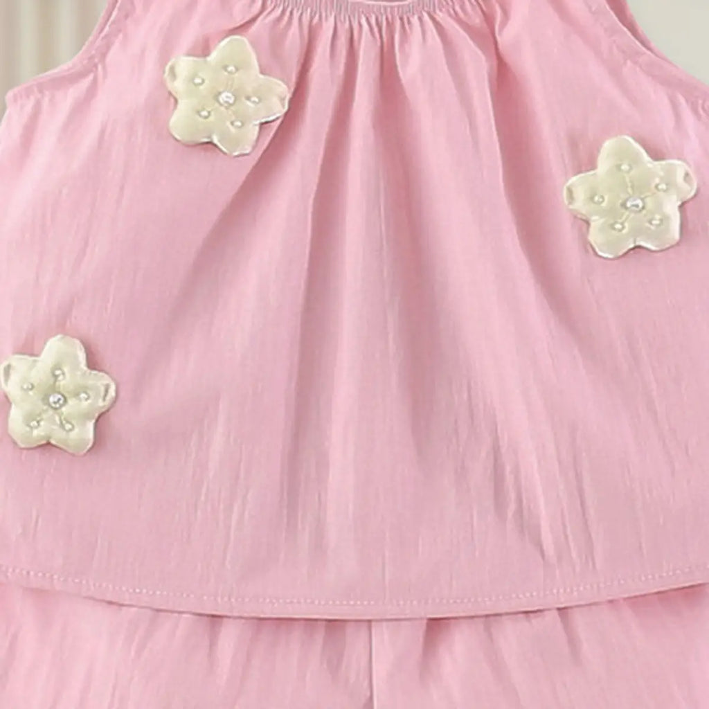 Girls Pink Flower Applique Ruffle Top With Elasticated Shorts Sets 2 pc. Sets
