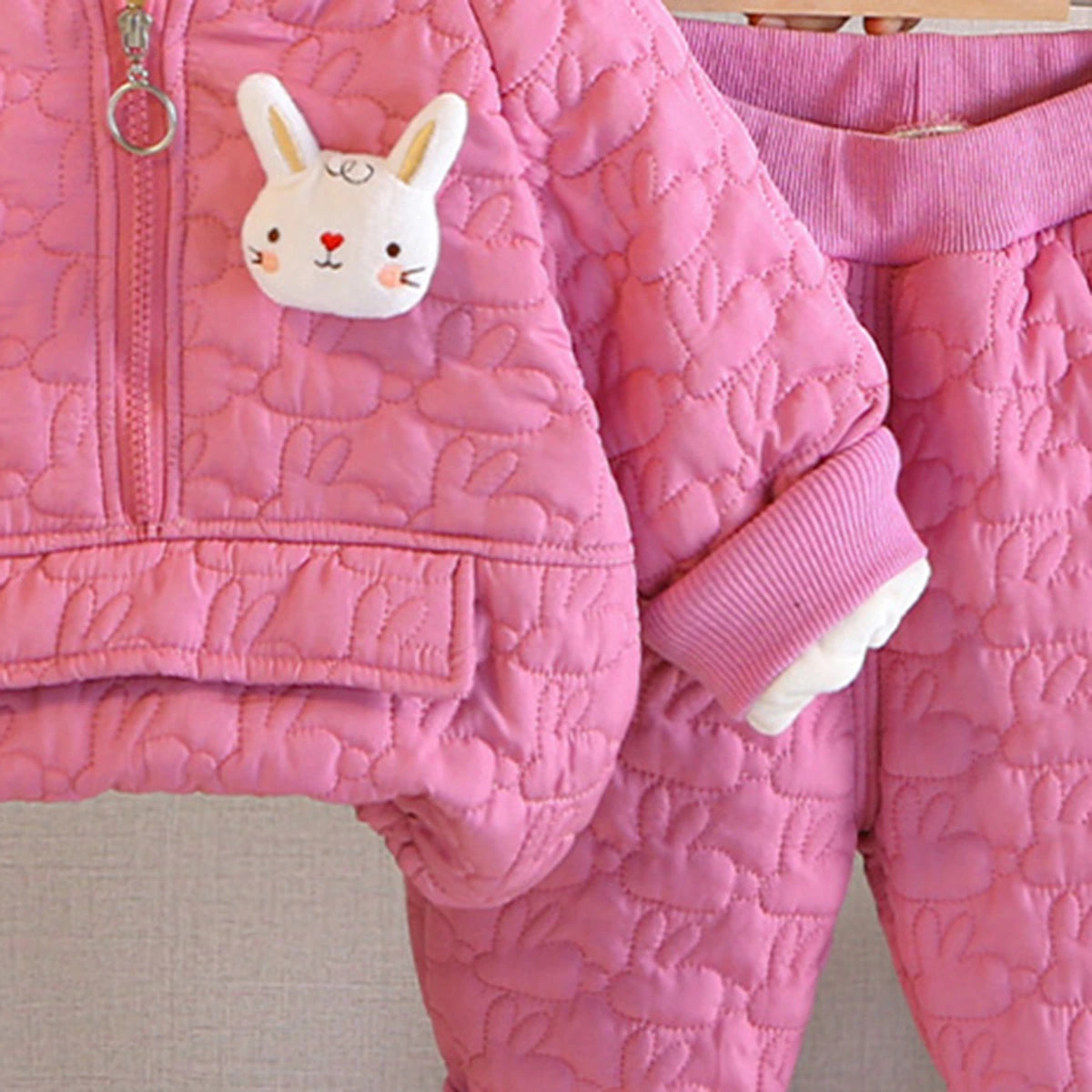 Girls Pink Rabbit Design Quilted Hoodie With Jogger Co-ord Sets Sets