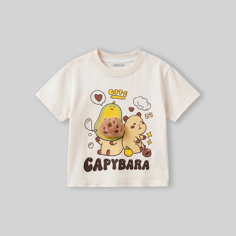 Boys Cream Short Sleeve Capybara Graphic Print T-Shirt Tshirts Cream 1-2 Y