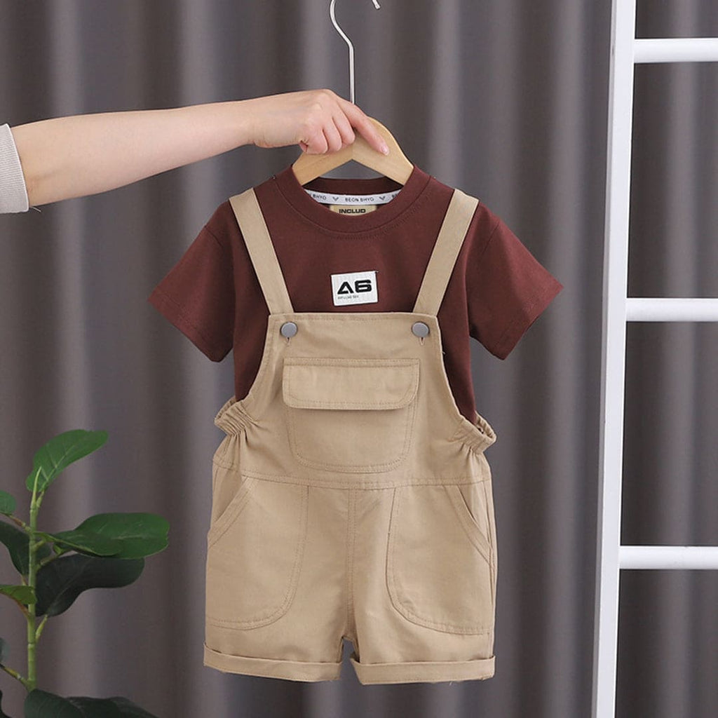 Boys Brown Short Sleeve T-Shirt With Short Dungaree 2 pc. Sets Brown 1-2 Y 