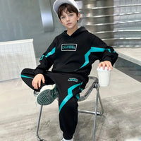 Boys Black Typographic Printed Hooded Sweatshirt With Jogger Sets Sets