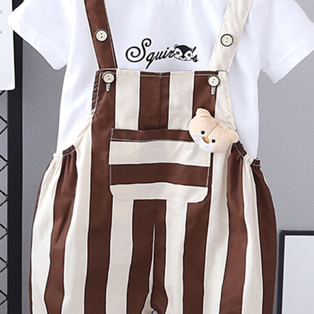 Boys Short Sleeves T-Shirt With Brown Vertical Striped Dungaree Set 2 pc. Sets