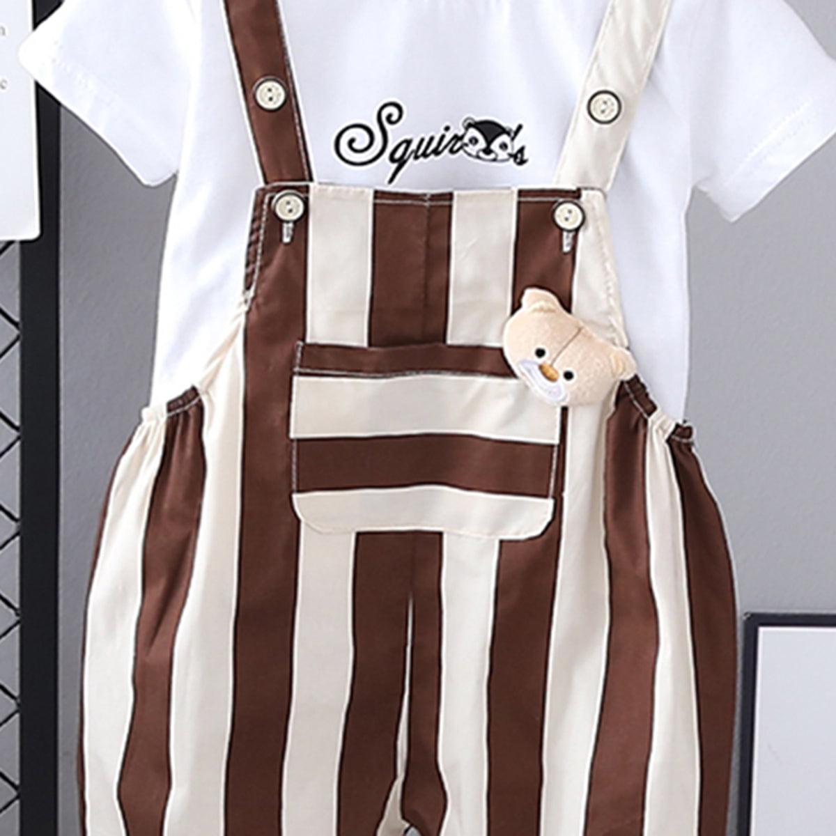 Boys Short Sleeves T-Shirt With Brown Vertical Striped Dungaree Set 2 pc. Sets