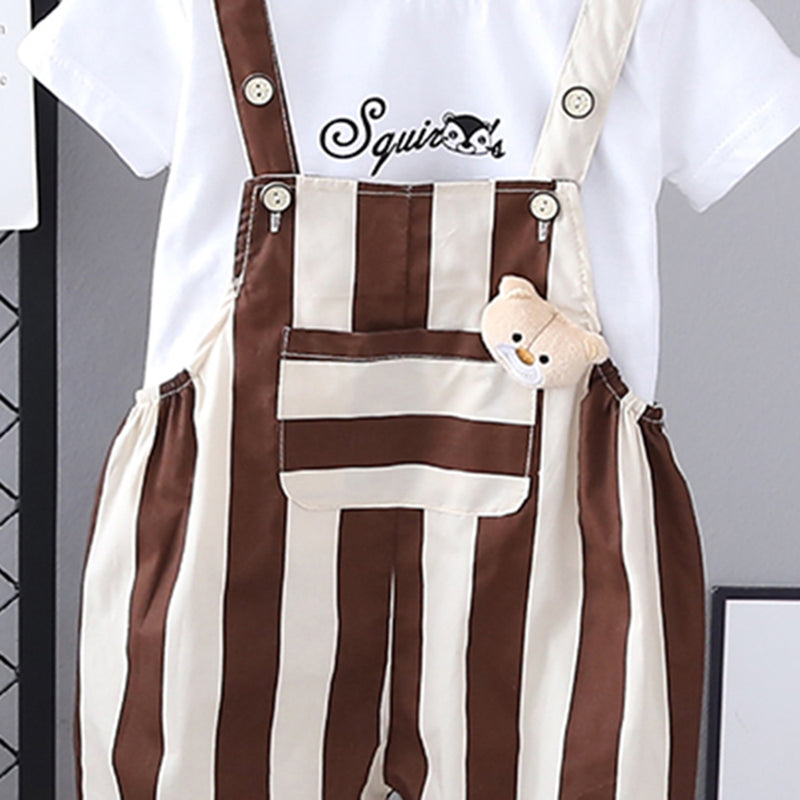 Boys Short Sleeves T-Shirt With Brown Vertical Striped Dungaree Set 2 pc. Sets