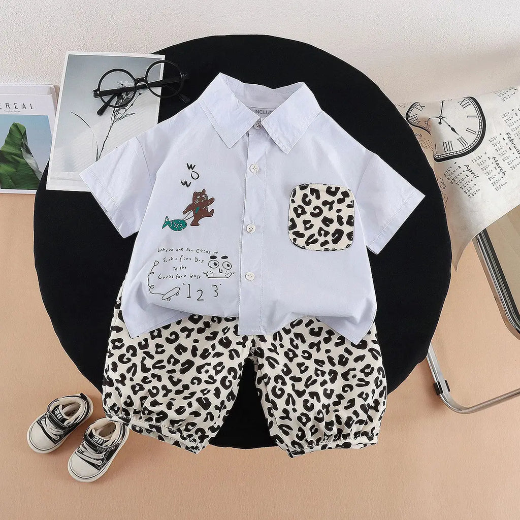 Boys Light Blue Animal Printed Shirt with Elasticated Shorts Sets 2 pc. Sets Light Blue 1-2 Y