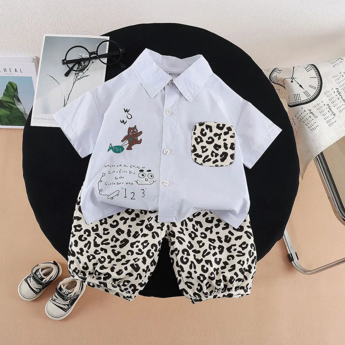 Boys Light Blue Animal Printed Shirt with Elasticated Shorts Sets 2 pc. Sets Light Blue 1-2 Y