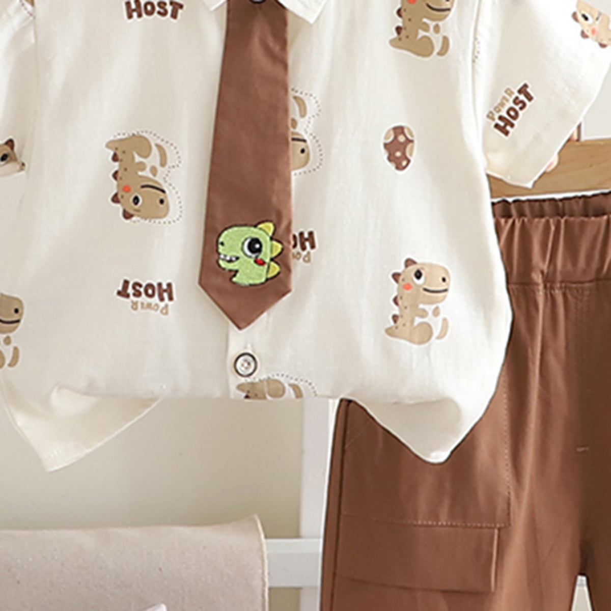 Boys Brown Dino Printed Shirt With attached Tie & Shorts Set Sets