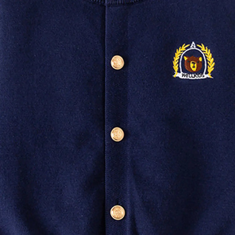 Girls Navy Blue Bear Face Embroidered Button Down Knitted Cardigan Sweaters & Cardigans