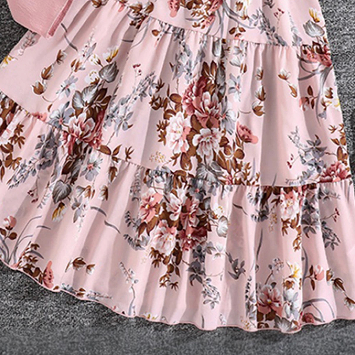 Girls Pink Floral Print Sleeveless Tiered Dress With Shrug Casual Dresses