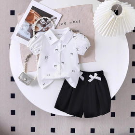 Girls White Bow Print Puff Sleeve Shirt With Elasticated Shorts Sets 2 pc. Sets White 2-3 Y