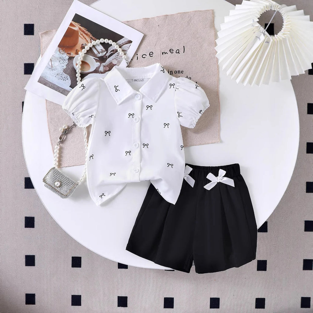 Girls White Bow Print Puff Sleeve Shirt With Elasticated Shorts Sets 2 pc. Sets White 2-3 Y