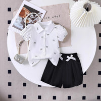 Girls White Bow Print Puff Sleeve Shirt With Elasticated Shorts Sets 2 pc. Sets White 2-3 Y