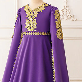 Girls Purple Embroidered Fit & Flare Dress With Long Sleeves Casual Dresses