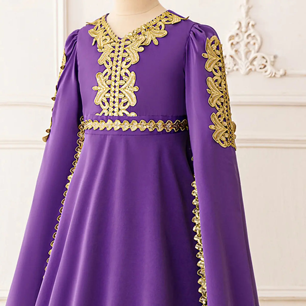 Girls Purple Embroidered Fit & Flare Dress With Long Sleeves Casual Dresses
