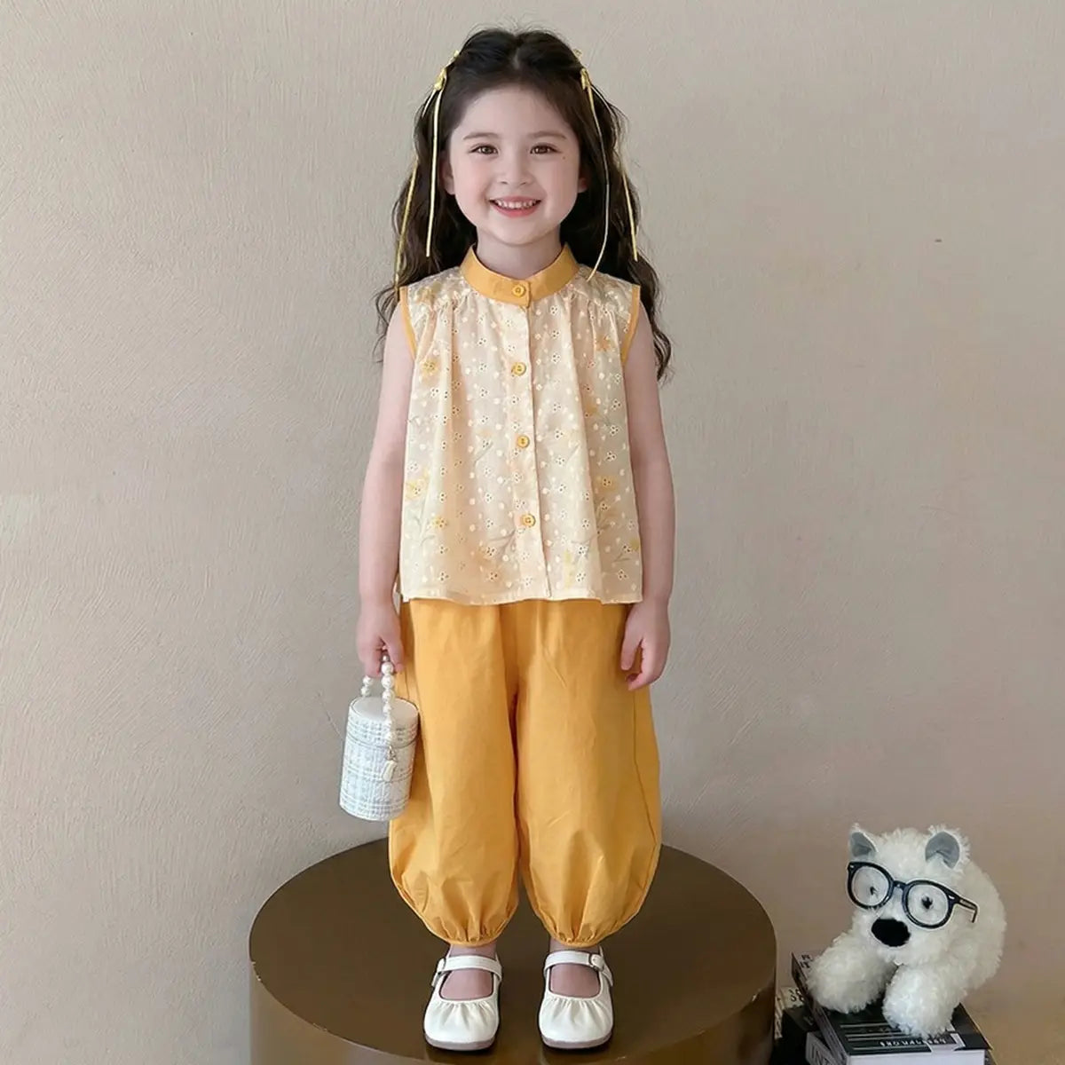 Girls Yellow Schiffli Mandarin Collar Top With Pants Sets Sets Yellow 1-2 Y