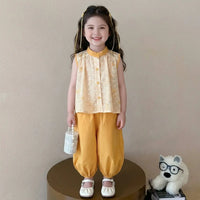 Girls Yellow Schiffli Mandarin Collar Top With Pants Sets Sets Yellow 1-2 Y